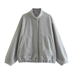 Women's Fleece Fuzzy Gray Snap Button Up Bomber Shaggy Jacket L